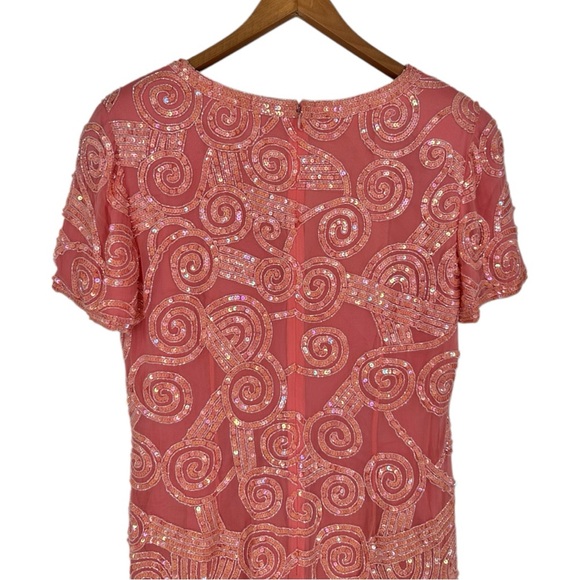 Oleg Cassini Black Tie Peachy Pink Sequin Beaded Mini Dress Embellished size 12 - Picture 6 of 14